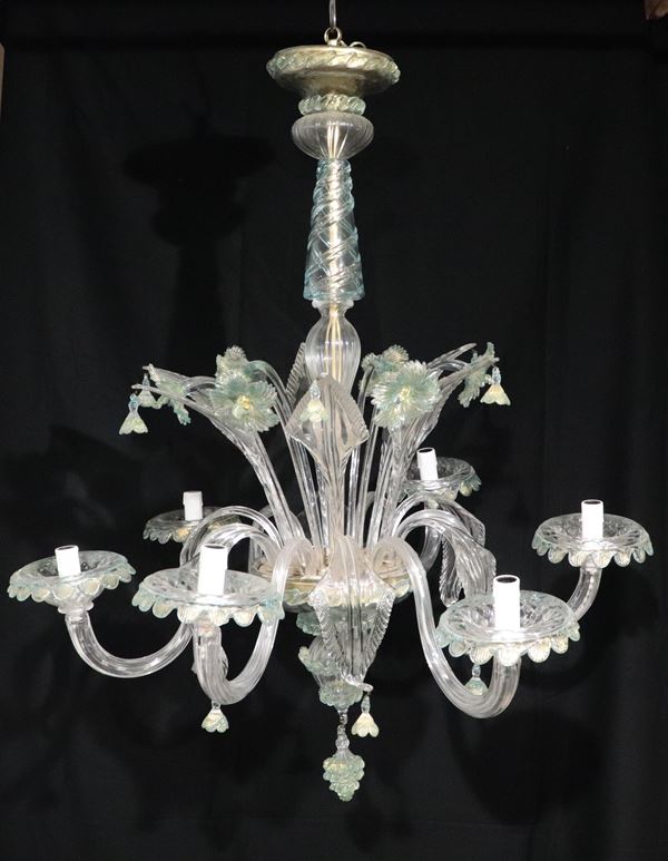 Clear Murano blown glass chandelier with colorful leaves and flowers, 6 lights