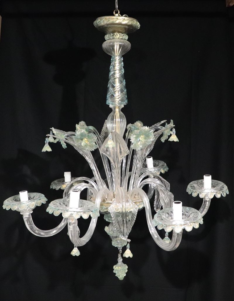 Lampadario in vetro soffiato di Murano trasparente con foglie e fiori colorati, 6 luci