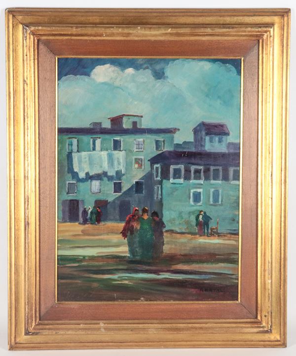 Renato Natali - It bears the signature of. "Glimpse of houses in Livorno with wives."
