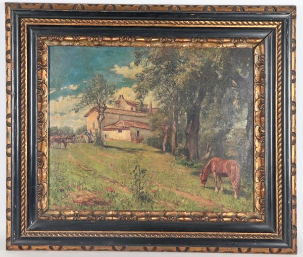 Pittore Italiano Fine XIX Secolo - Signed. "Farmhouse with farmer and grazing horses."