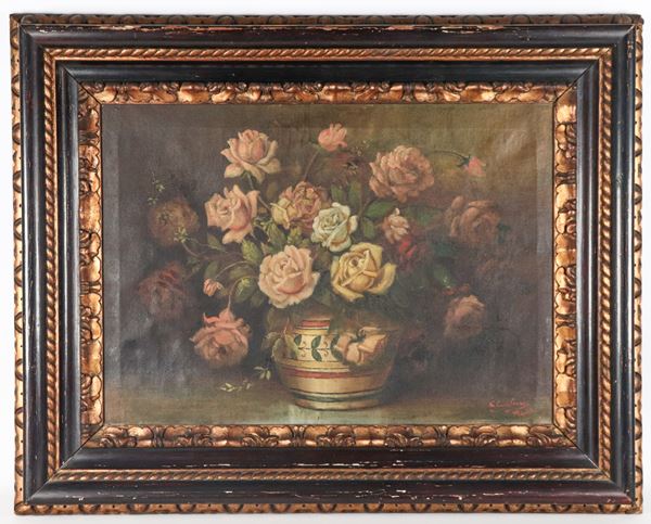 Pittore Italiano Fine XIX Secolo - Signed and inscribed Rome. "Still Life of a Vase with Flowers"