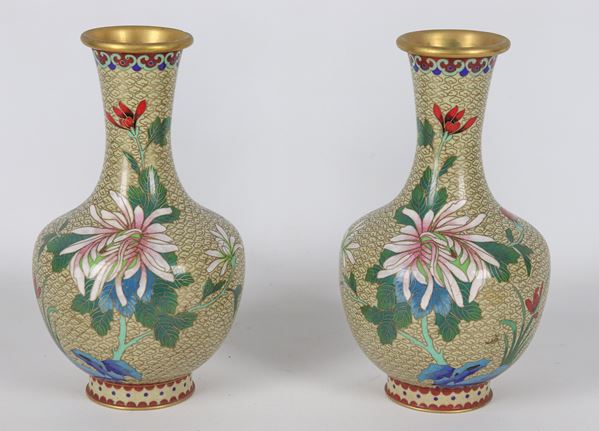 Pair of small Chinese cloisonné enamel vases, decorated with polychrome flower motifs