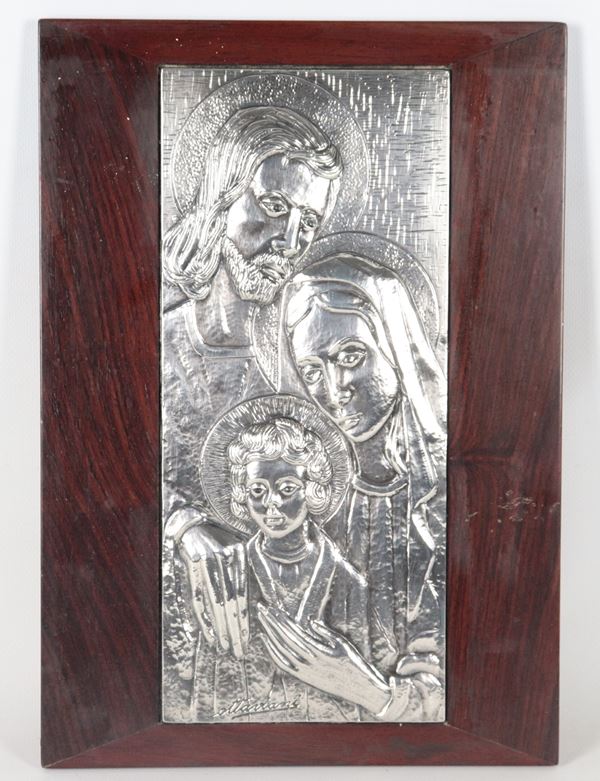 "Holy Family," engraved and embossed 925 silver plate. Signed Ottaviani.