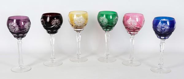 Lot of six engraved Bohemian crystal goblets, various colors
