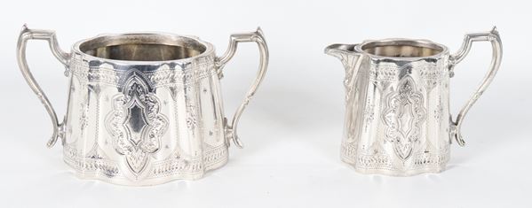 Antique Sheffield engraved and embossed lot of a sugar bowl and a milk jug (2 pcs.)