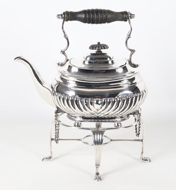 Antique Sheffield samovar, embossed and chiseled, missing the spirit bottle