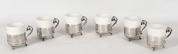 Set of six Richard Ginori coffee cups in white porcelain with silver holders