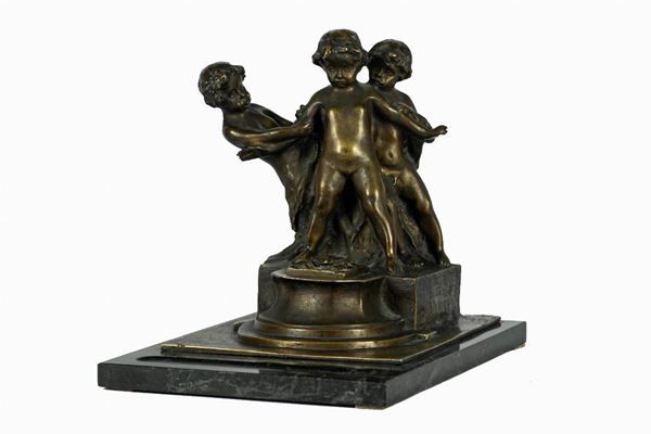Elia  Sala - Large inkwell with sculptural group &quot;Putti with crab&quot;