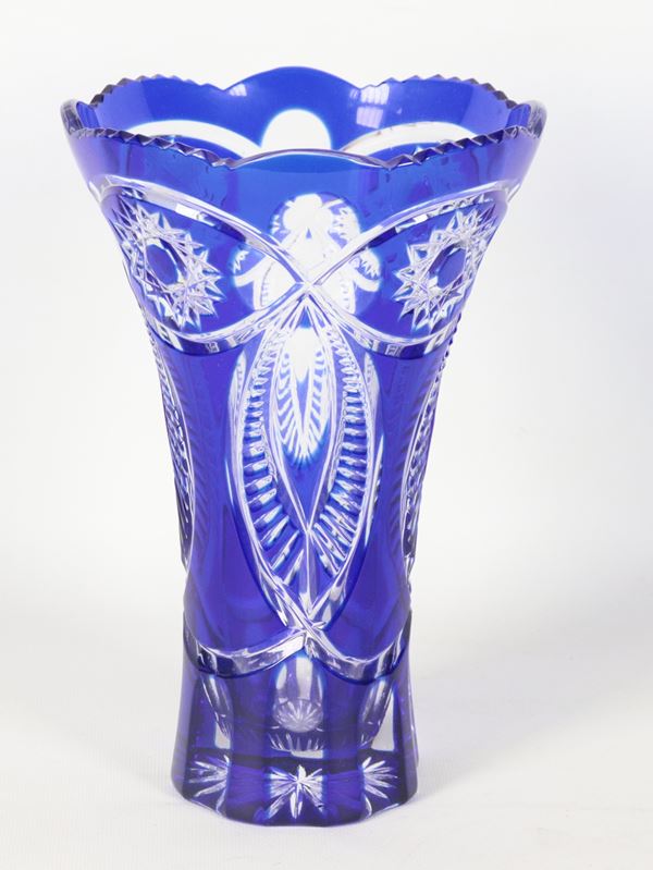 Bohemian crystal vase engraved with cobalt blue background