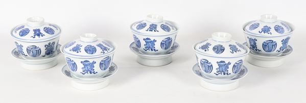 Lot of five Chinese porcelain soup bowls with blue oriental motif decorations