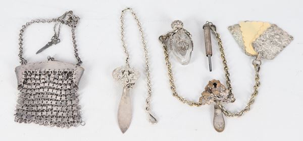 Antique lot of two chatelaines and an evening purse in embossed and chiseled silver metal (3 pieces)