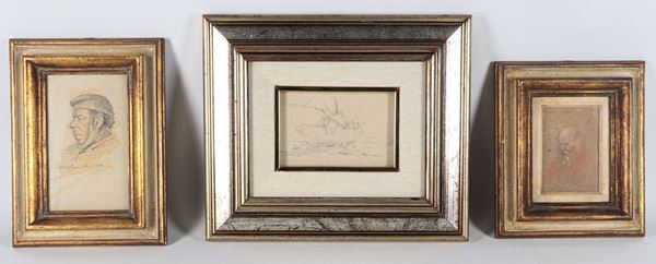 Lot of three small antique pencil drawings of various sizes: "Old Man with Beard," "Fisherman's Face," and "Boat on Dry Land."