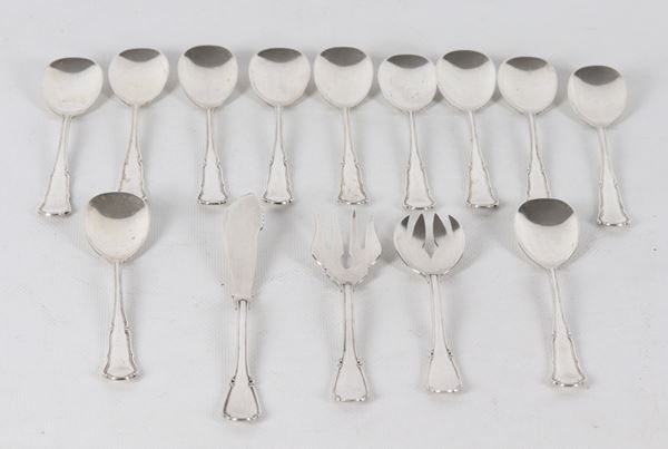 Lot of eleven chiseled and embossed silver ice cream spoons and three serving spoons (14 pieces), 328g