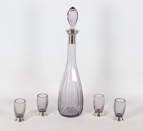 Liberty liquor set in smoked glass with silver garnish, bottle and four glasses 