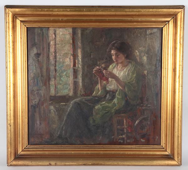 Alessandro Battaglia - Signed with dedication and dated Rome 1912. "Interior with a girl crocheting."