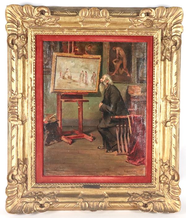 Umberto Coromaldi - Signed. "The Antique Dealer in the Painter's Studio"