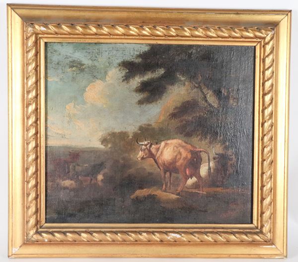 Pittore Fiammingo Fine XVIII Secolo - "Landscape with grazing cows"
