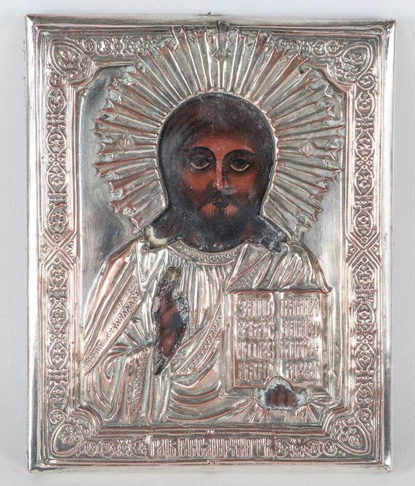"Christ Pantocrator" Russian icon painted on wood, with a silver-plated, chiseled and embossed metal riza