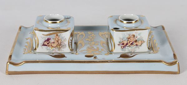 French Limoges porcelain inkwell in light blue, with decorations of cherubs and pure gold