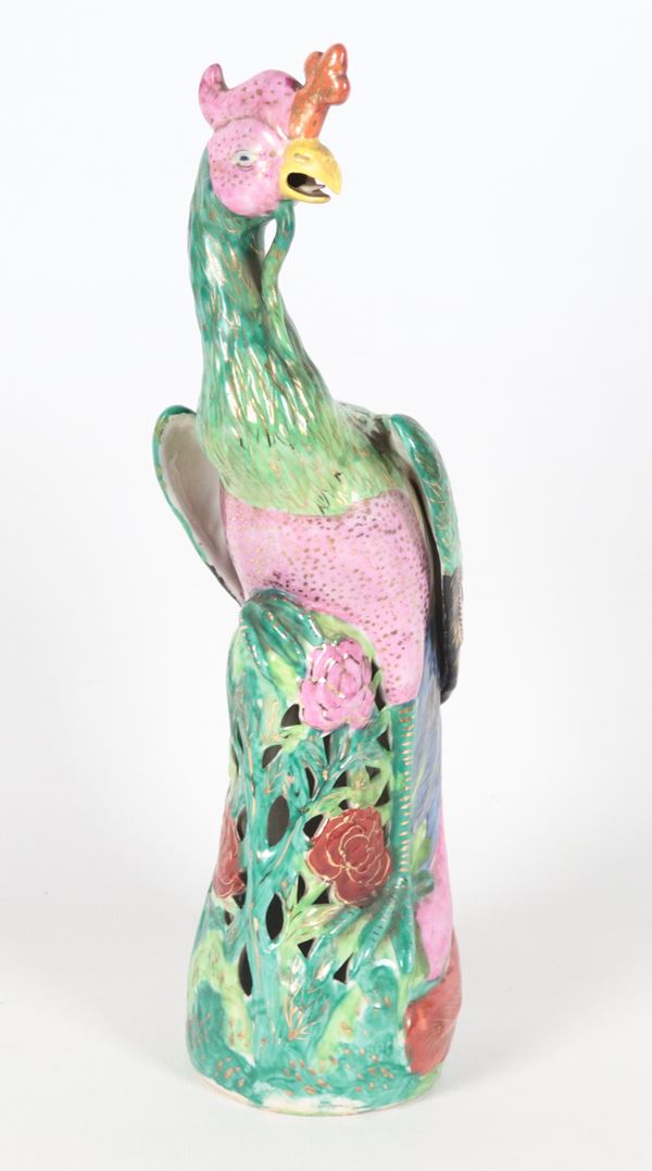 "Exotic Bird", Chinese polychrome porcelain sculpture 