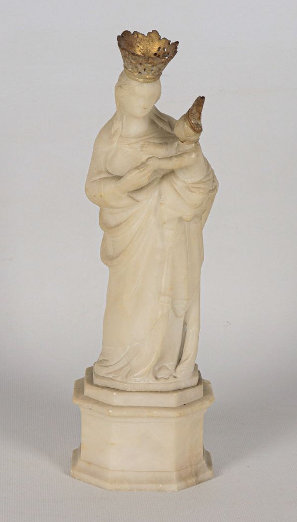 "Madonna with Child", small alabaster marble sculpture, broken head of the Child