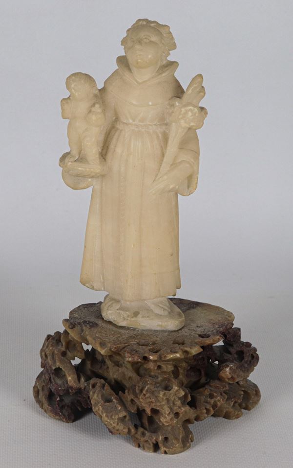 "Saint Anthony with the Child", small alabaster marble sculpture, defects