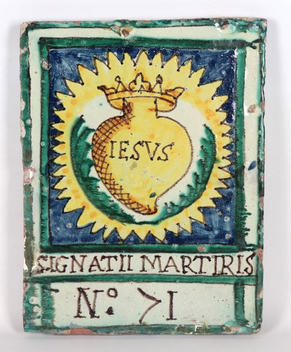 Ancient votive plaque in Castelli majolica with "Sacred Heart" in the center, defects