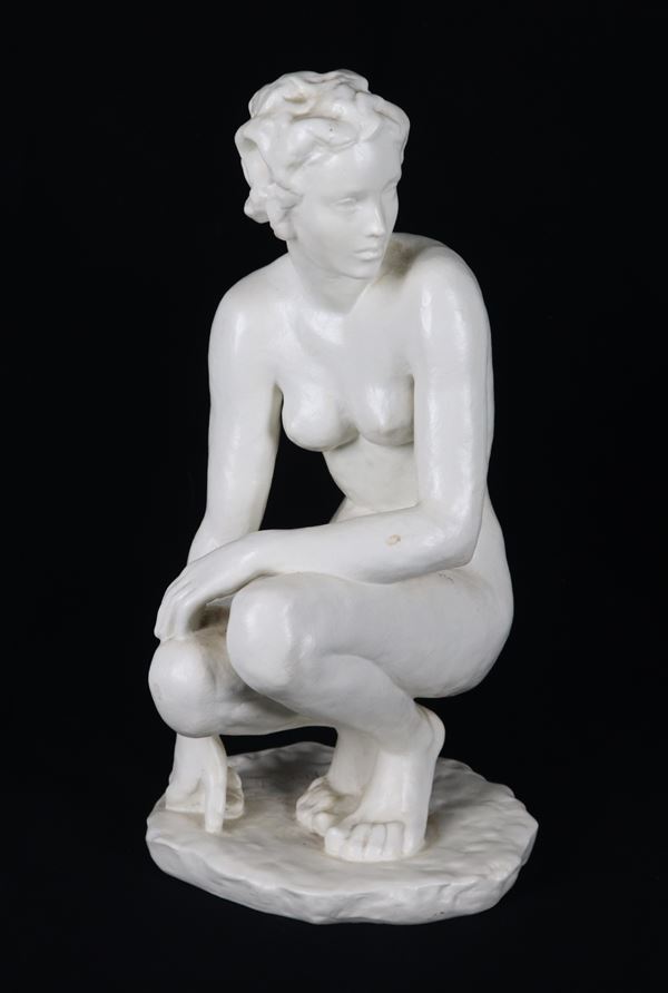 "Female Nude," a white ceramic sculpture by Rosenthal. Signed.