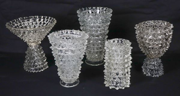 Vintage lot of three vases and a stand in Murano rostrato glass, Barovier Toso design (5 pcs.)