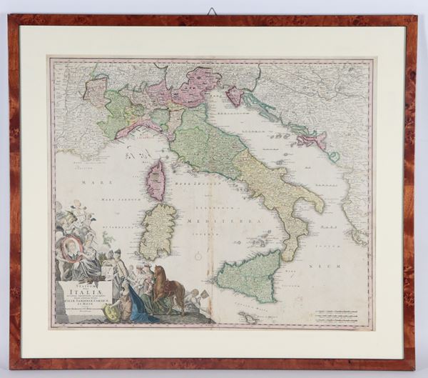 Ancient topographic map of Italy with the islands of Sicily, Sardinia, Corsica and Malta