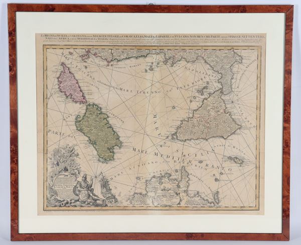 Ancient topographic map of Sicily and Sardinia, with Corsica, Elba, Malta, the Lipari Islands and parts of the Italian and African coasts