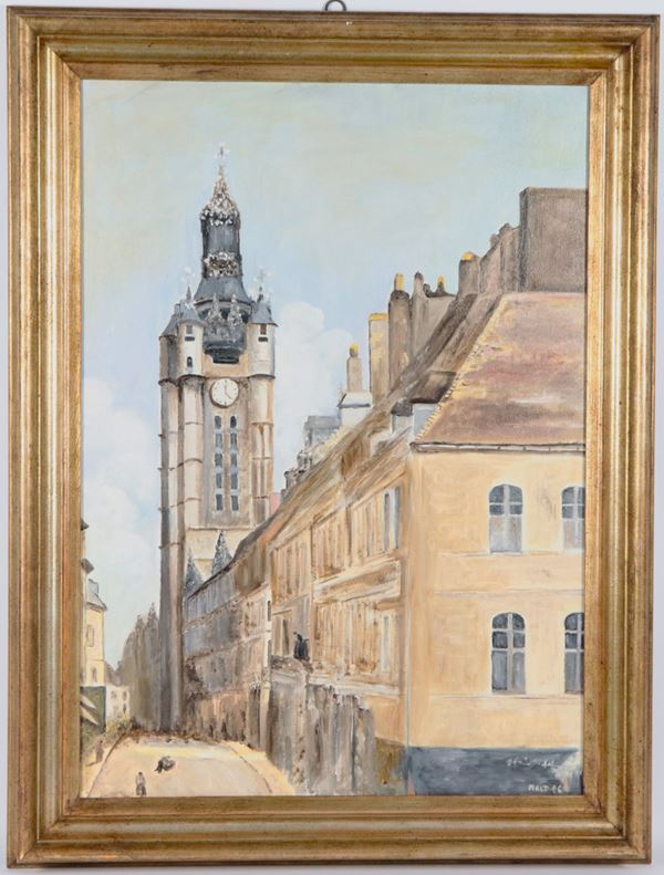 Pittore Europeo XX Secolo - Signed. "View of a city street with a tower and clock."