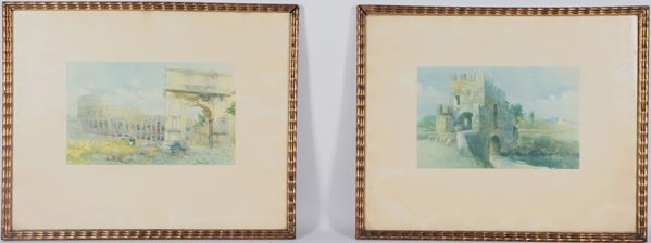 Scuola Romana Metà XIX Secolo - "Nomentano Bridge with Shepherd and Flock" and "Colosseum with Travelers"