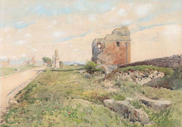 Onorato Carlandi - Signed and inscribed Rome. "View of the Appian Way."