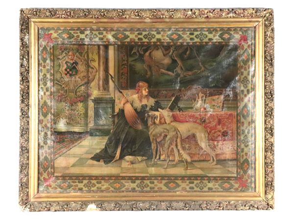 Scuola Francese Epoca Liberty - "Lady with a Mandola and Greyhounds"