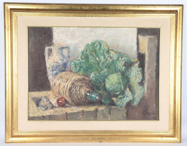 Pittore Italiano XX Secolo - Signed and inscribed Rome 1992 "Still life of vegetables"