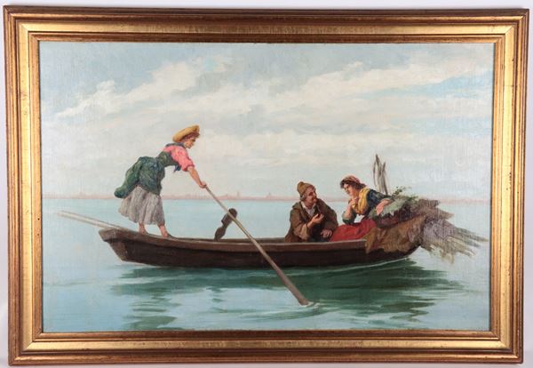 Pittore Veneto XIX Secolo - "Boat ride in the lagoon with Venice in the background"