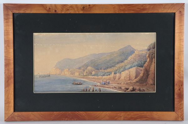 Pittore Orientalista XIX Secolo - "View of a coastal city with the fishermen's landing"