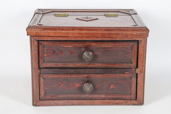 Oak wooden chest with opening lid and two drawers underneath