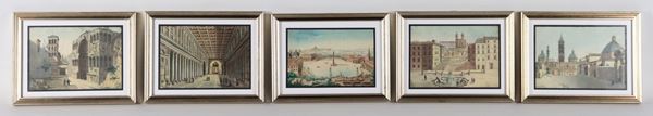 Lot of five small antique watercolor drawings "Views of Rome"