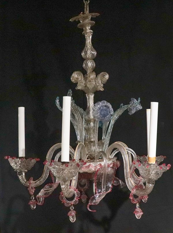 Antique clear Murano glass chandelier with coloured edges and flowers, 5 lights