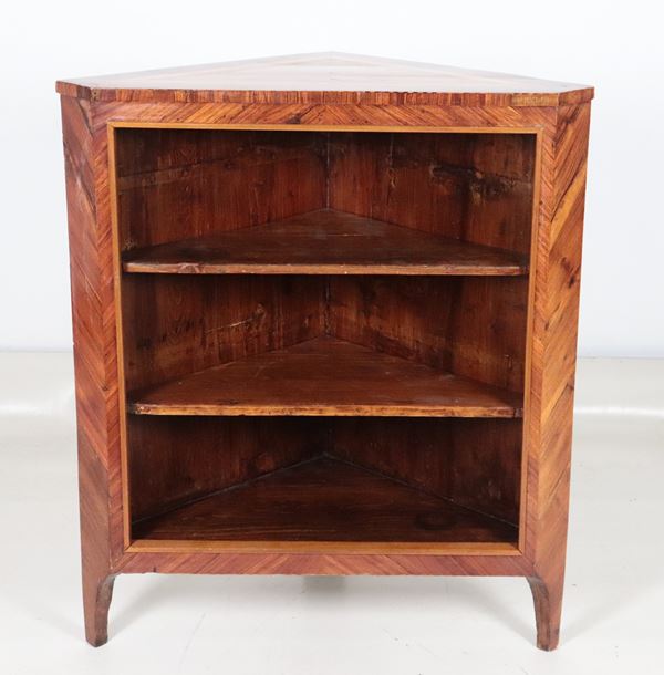 Antique walnut corner cabinet, with open front and top inlaid with geometric motifs in maple and olive wood