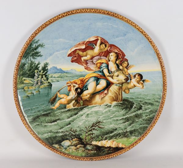  "The Rape of Europa", a large glazed majolica display plate from Pesaro, marked Molaroni.