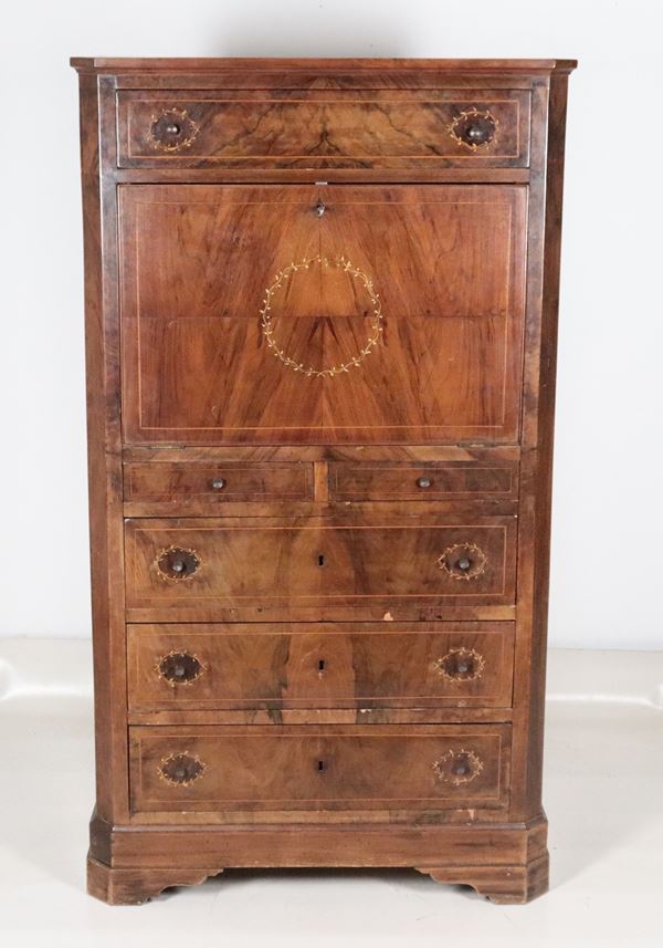 Antique Charles X secretaire in walnut and walnut root, with geometric and floral boxwood inlays