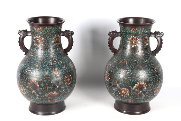 Pair of antique Chinese bronze vases, entirely covered in polychrome cloisonné enamels with flower and butterfly motifs