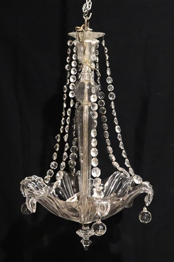 Clear Murano glass chandelier, flower-shaped with beaded pendants, 3 lights