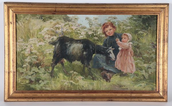 Pittore Italiano Fine XIX - Inizio XX Secolo - "Children with a goat"