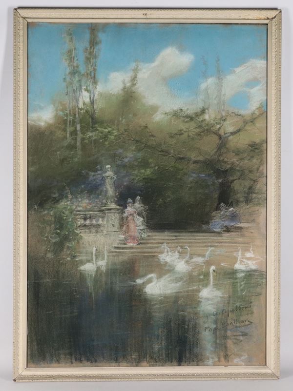 Mariano Benlliure Y Gil - Signed with dedication. "View of a villa park with a pond, noblewomen, and swans."