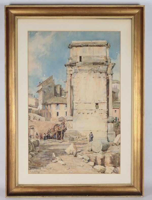 Giuseppe Da Pozzo - Signed. "Arch of Septimius Severus in the Roman Forum with commoners."