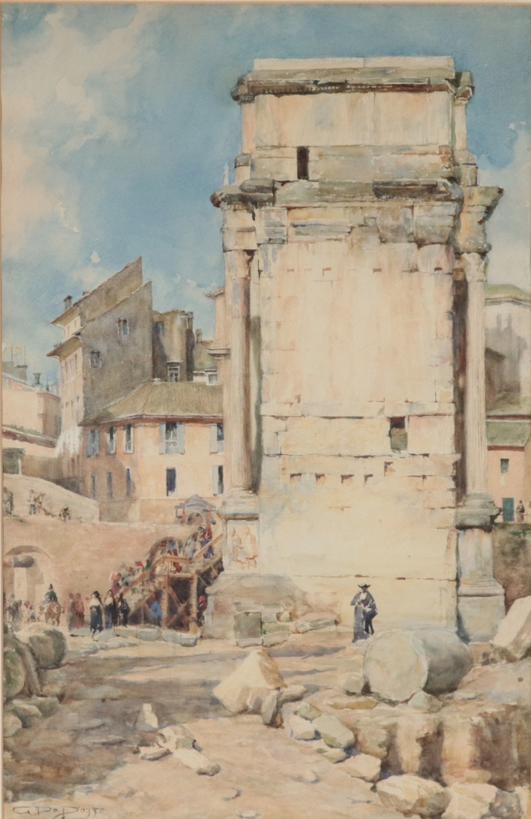 Firmato. "Arco di Settimio Severo al Foro Romano con popolani"